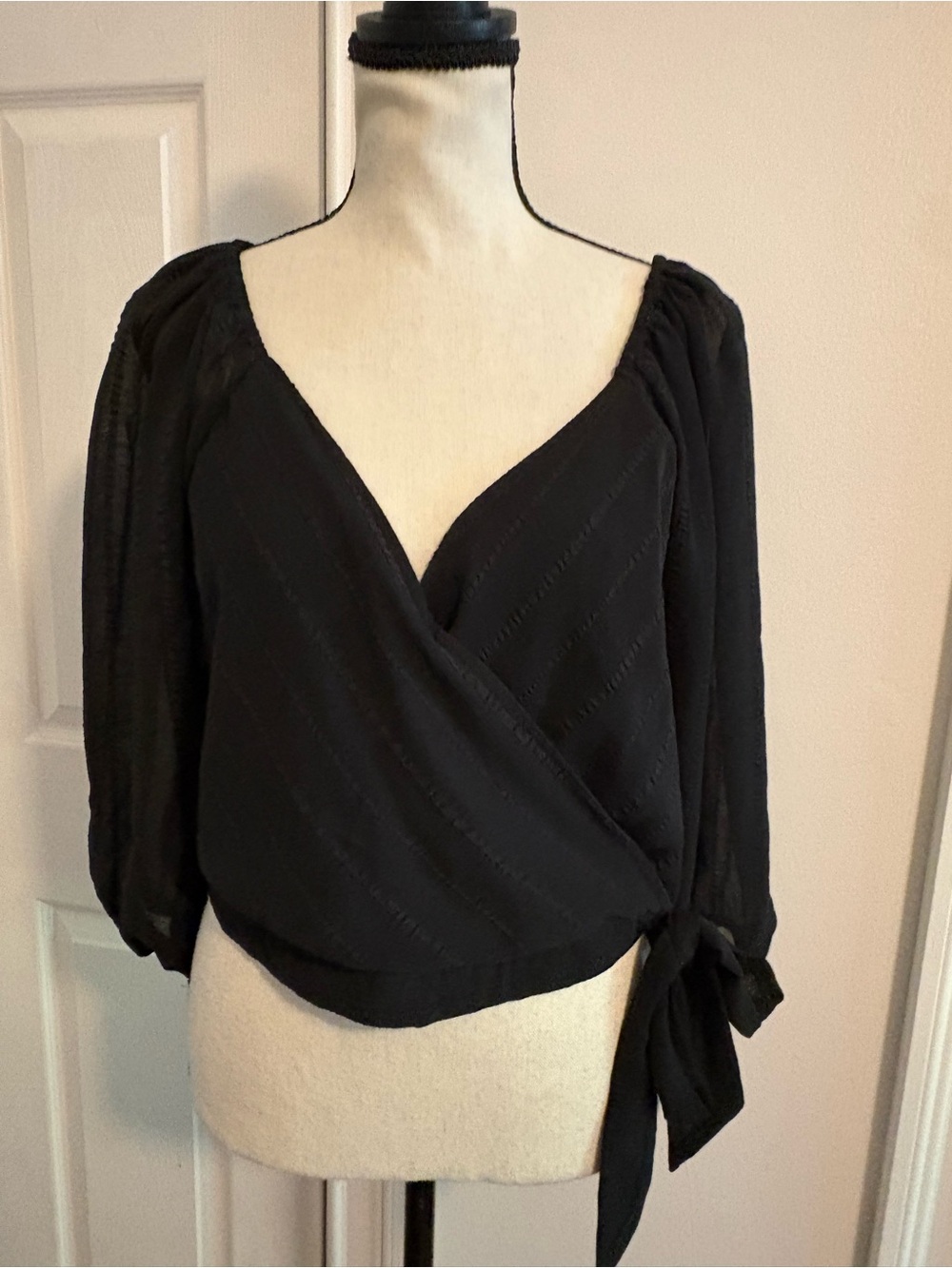 BCBGeneration Black Wrap Tie Blouse with V-Neck